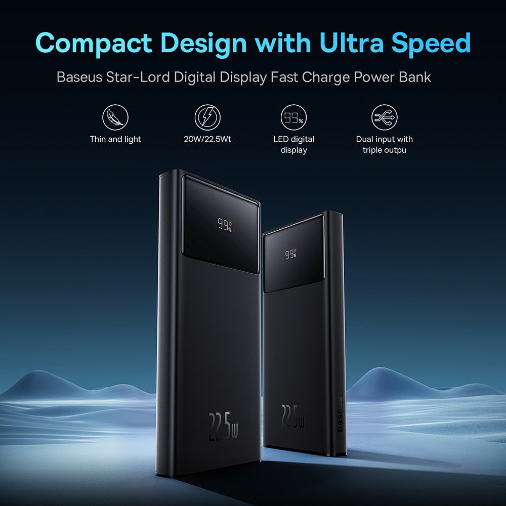Baseus - Power Bank Star-Lord (PPXJ100001) - 2x USB, Type-C, Micro-USB, 22.5W, 10000mAh, Cable Type-C, 3A, 30cm - Black