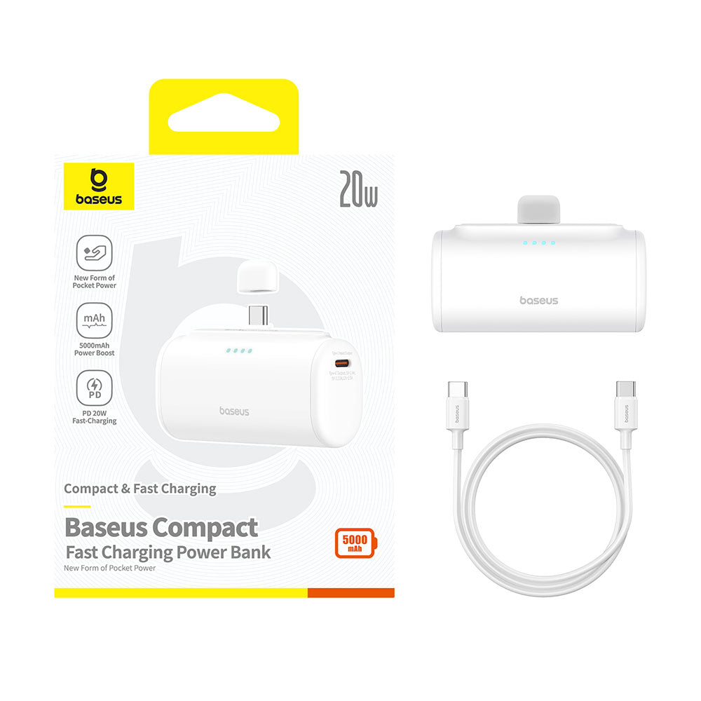 Baseus - Power Bank (P10068306213-00) - Type-C, Compact Design, 20W, 5000mAh, with Cable Type-C - White