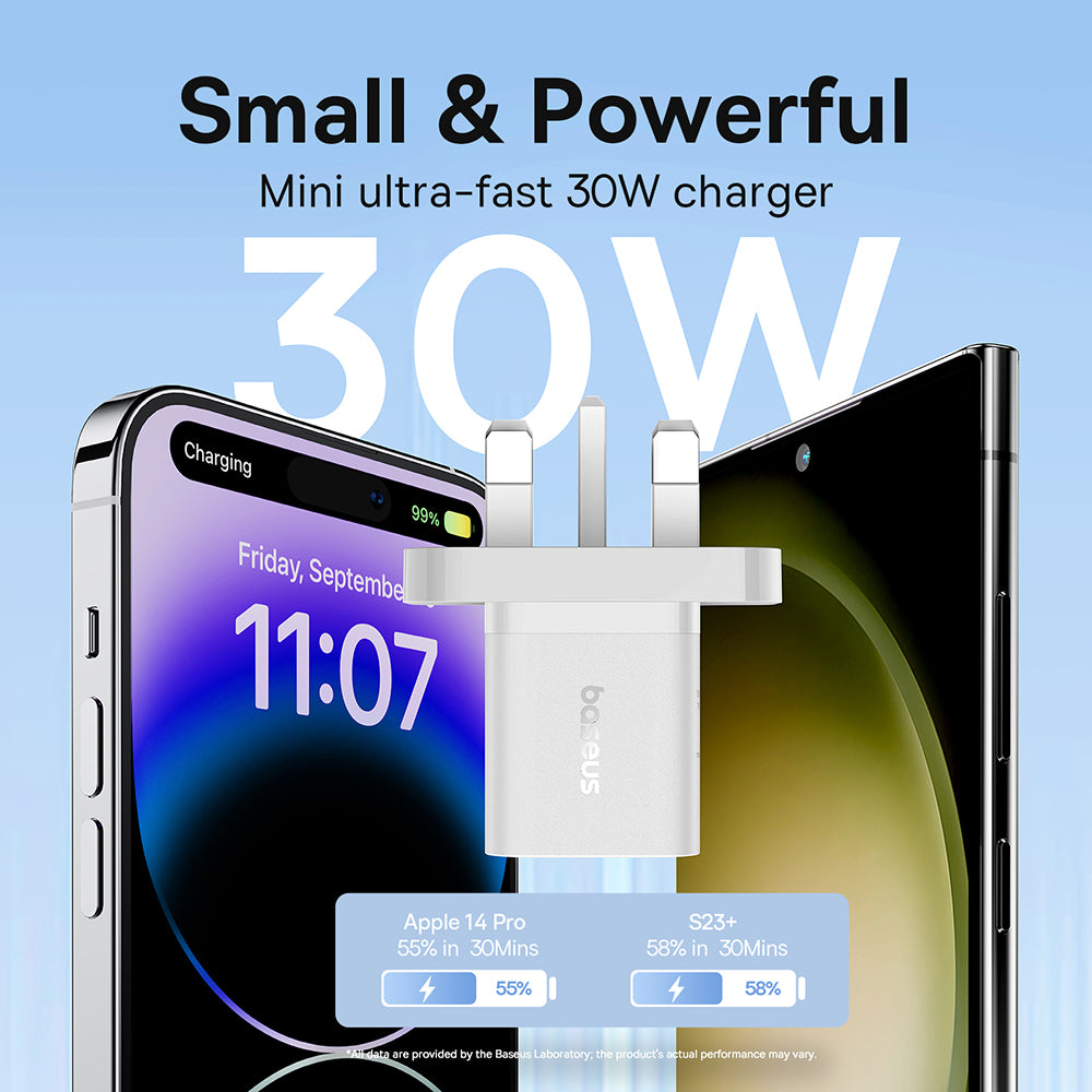 Baseus - Wall Charger GaN5 (P10110906213-00) - UK Plug, Fast Charger, Type-C, 30W - White