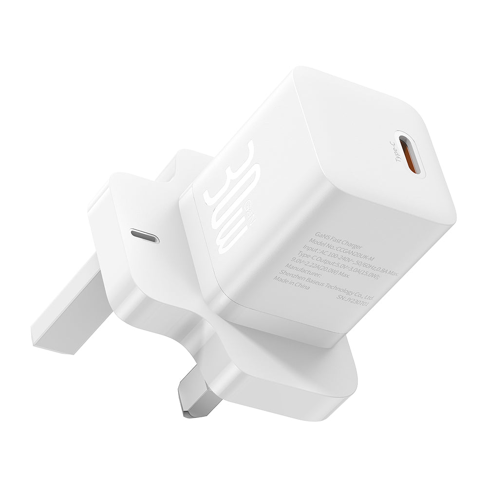 Baseus - Wall Charger GaN5 (P10110906213-00) - UK Plug, Fast Charger, Type-C, 30W - White