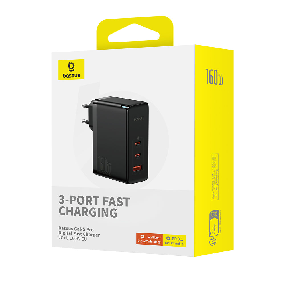 Baseus - Wall Charger GaN5 Pro Digital (P10110825113-00) - Type-C Cable Included, Fast Charger, 2xType-C, USB, 160W, 240W - Black