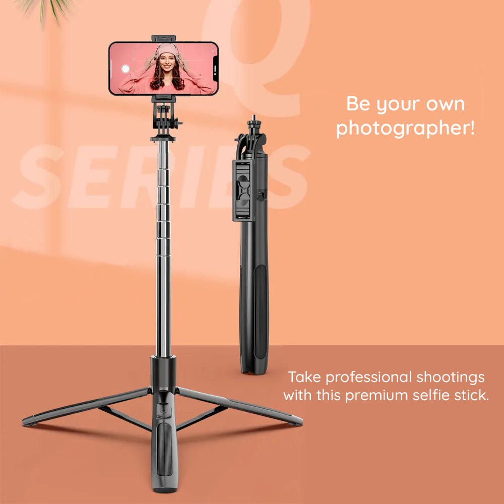 Techsuit - Selfie Stick (Q06) - Stable Tripod with Bluetooth Remote Control, Aluminium Alloy, 360 Rotation, 156cm - Black