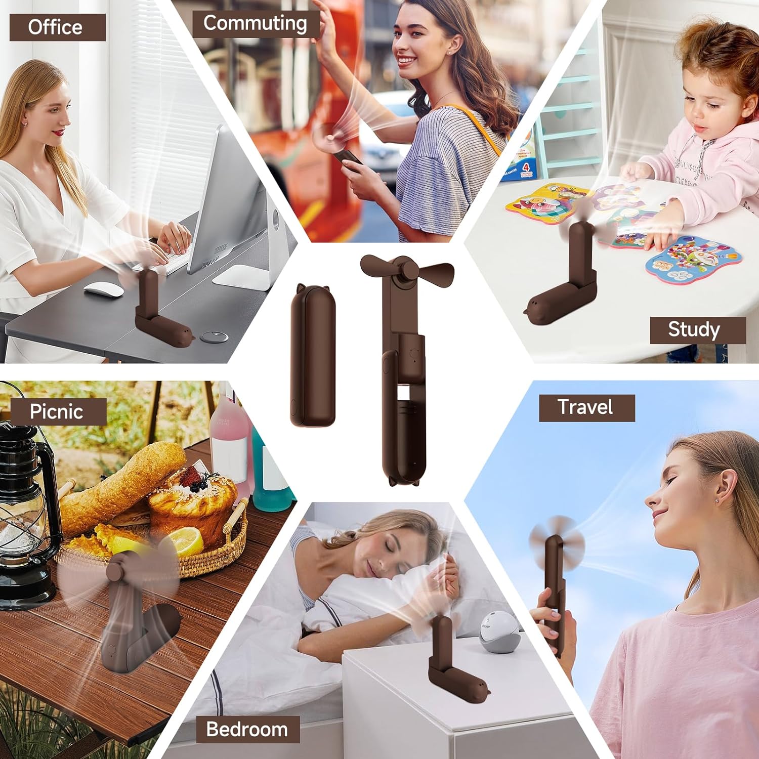 Techsuit - Mini Portable Hand Fan (HZ001) - 2000mAH, USB Rechargeable, 3 Speeds Adjustable - Brown