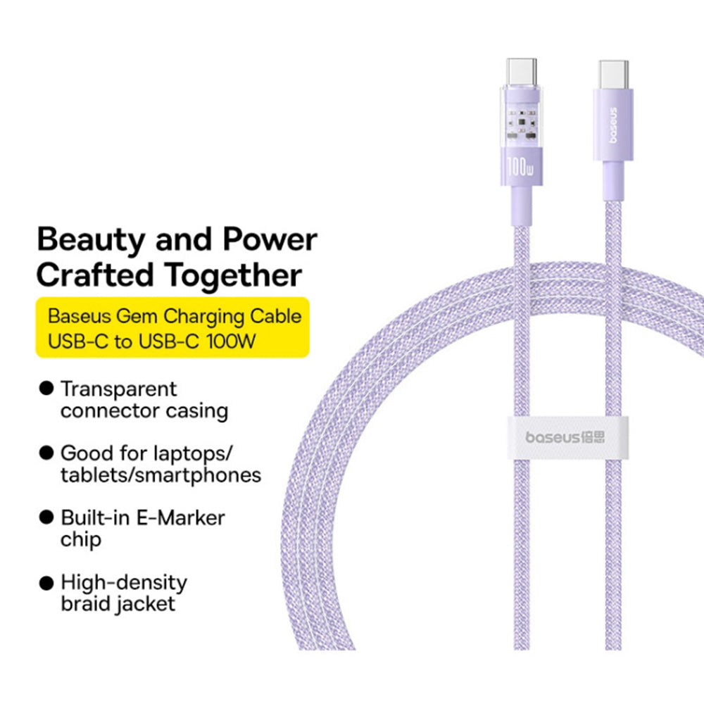 Baseus - Data Cable Gem (P10373000511-00) - Type-C to Type-C, Super Fast Charging 100W, 1m - Nebula Purple