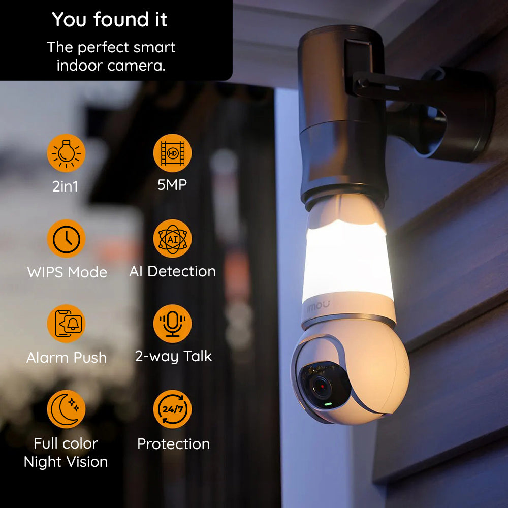 Imou - Indoor Wi-Fi Bulb Cam (IPC-S6DP-5M0WEB-E27) - 5MP, E27 Light Bulb, Built-in Mic, Human Detection, Night Vision - White