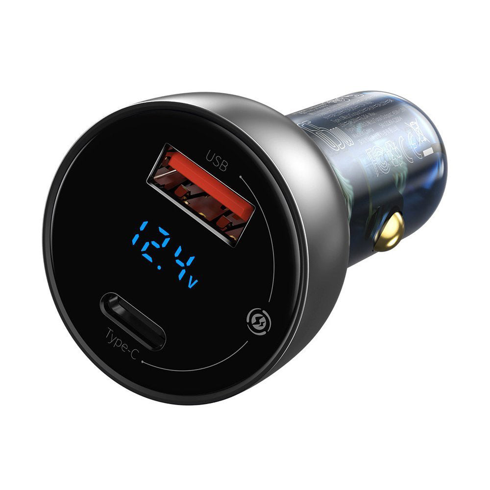 Baseus - Car Charger (CCKX-C0A) - with Digital Display, Type-C PD65W, USB QC4.0, DC 12-24V - Clear