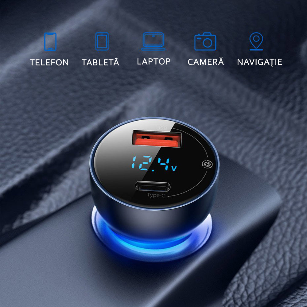 Baseus - Car Charger (CCKX-C0A) - with Digital Display, Type-C PD65W, USB QC4.0, DC 12-24V - Clear