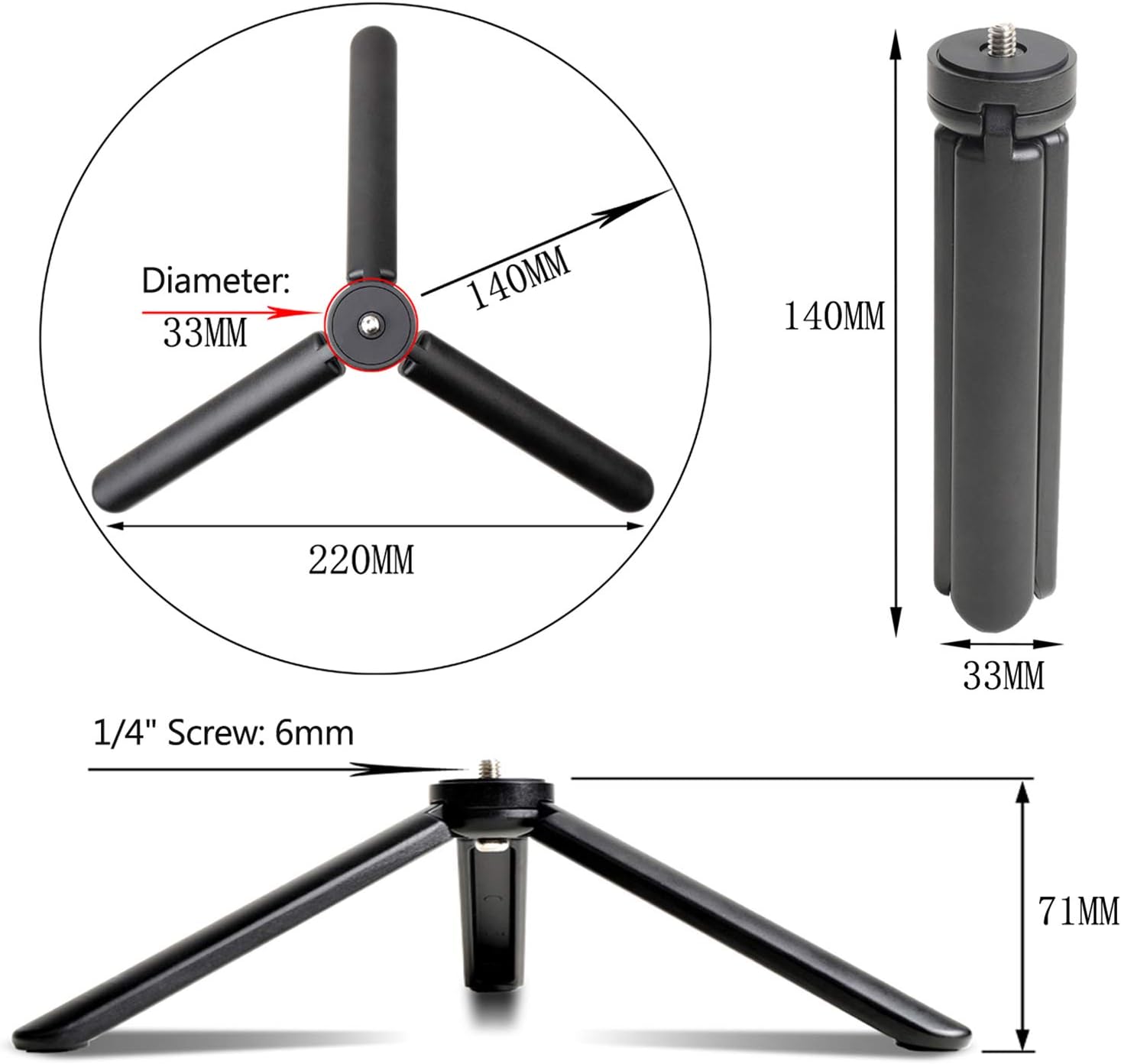 Techsuit - Mini Tripod (TPD3) - Adjustable, with 1/4 Inch Screw Key for ILDC, DSLR Camera - Black