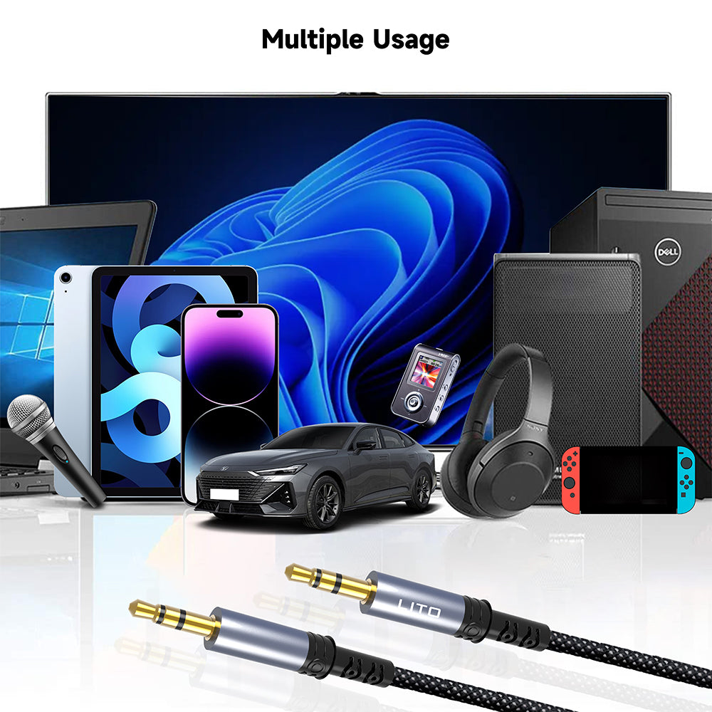 Lito - Audio Cable Adapter (LA01D) - Jack to Jack 3.5mm, Hi-Fi, 24k Gold-plated Contacts, Nylon-braided, 1m - Black