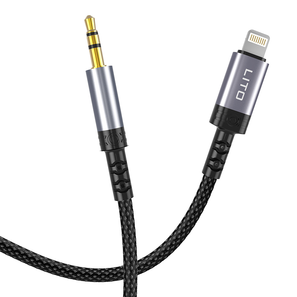 Lito - Audio Cable Adapter (LA01L) - Lightning to Jack 3.5mm, Hi-Fi, 24k Gold-plated Contacts, Nylon-braided, 1m - Black
