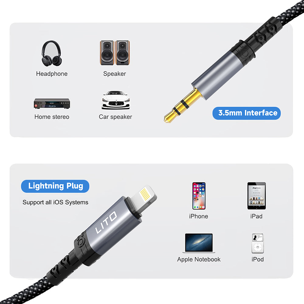 Lito - Audio Cable Adapter (LA01L) - Lightning to Jack 3.5mm, Hi-Fi, 24k Gold-plated Contacts, Nylon-braided, 1m - Black