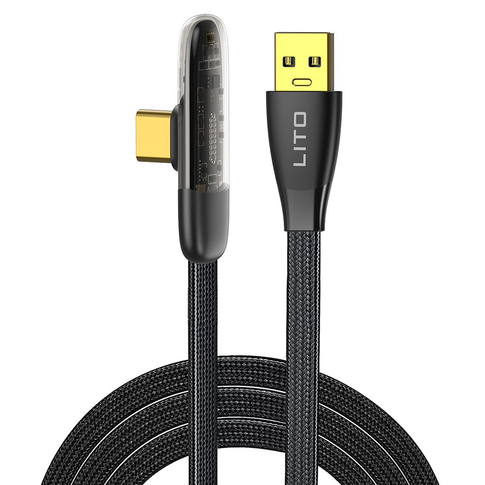 Lito - Data Cable (LD11C) - USB to Type-Cn Fast Charging, Angled Design, Gold Plated Interface, 2.4A, 1m - Black