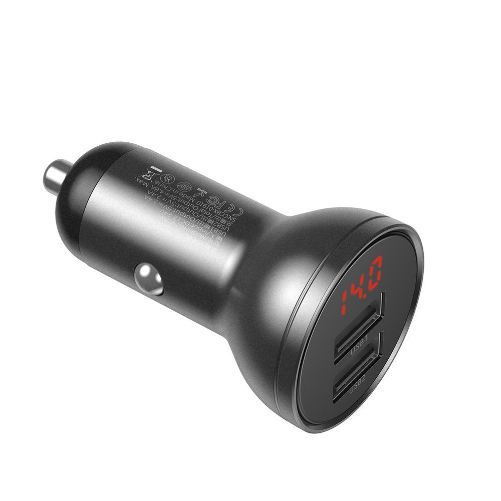 Baseus - Car Charger (CCBX-0G) - Digital Display, 2x USB-A, 24W - Gray