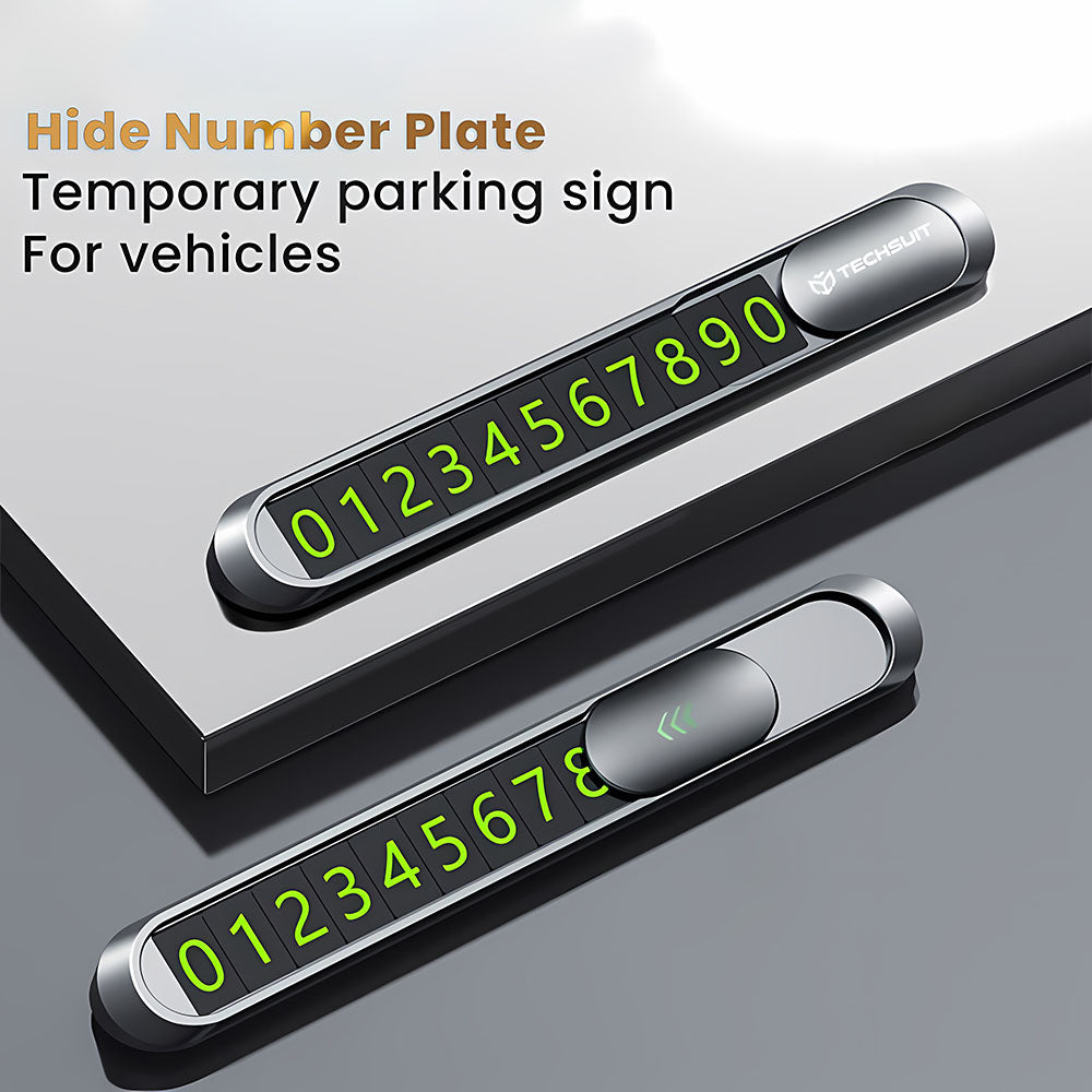 Techsuit - Premium Phone Number Plate (PNP1) - Temporary Parking Sign for Dashboard, Zinc Alloy, Removable Adhesive - Black