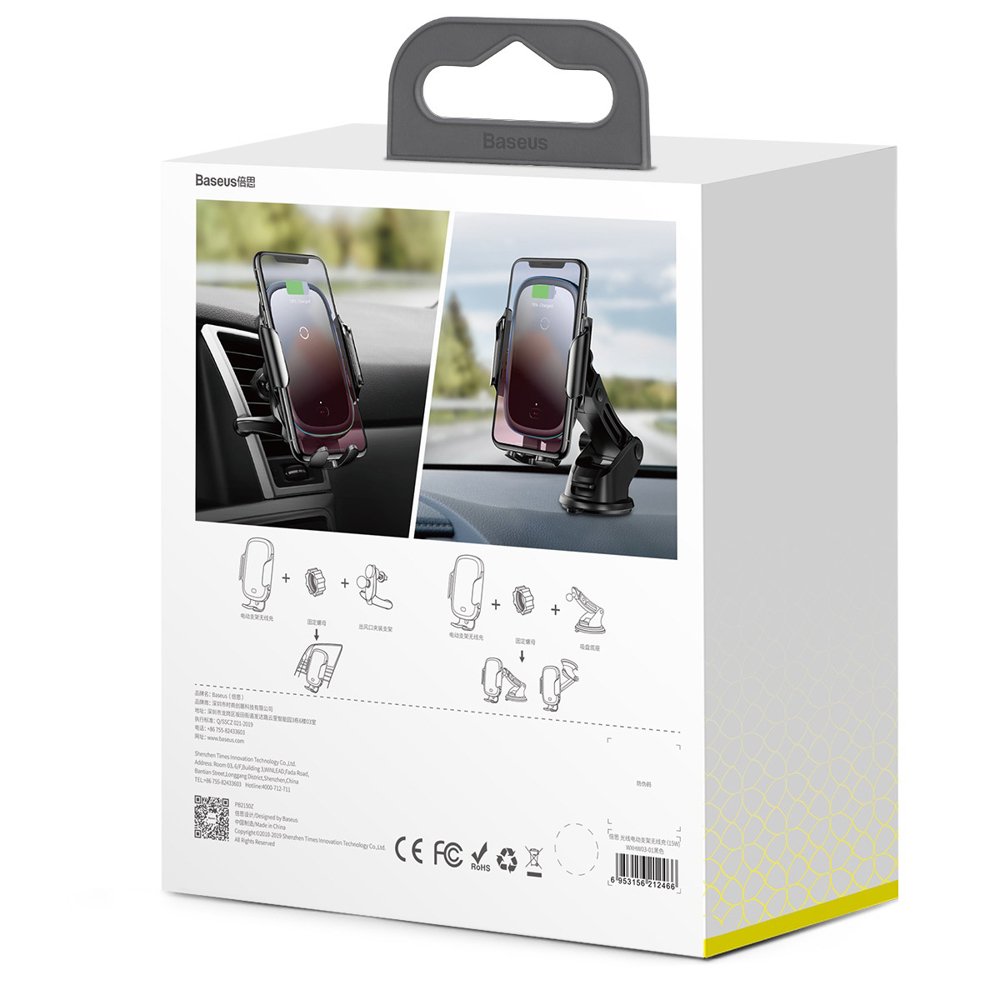 Baseus - Car Holder with Wireless Charging Light (WXHW03-01) - for Dashboard, Windshield, Air Vent, 15W - Black