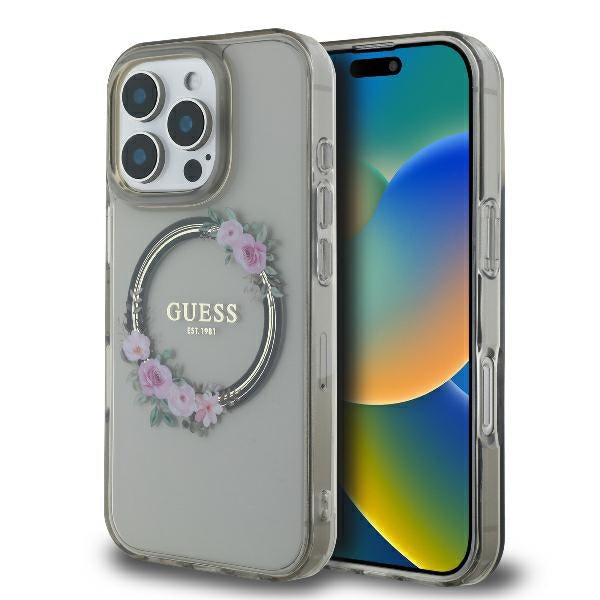 Guess - IML Flowers Wreath MagSafe (GUHMP16LHFWFCK) - iPhone 16 Pro - Black
