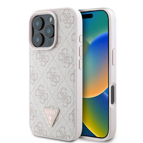 Guess “Triangle Metal Logo Strass Collection” Case Θήκη προστασίας από δερματίνη – iPhone 16 Pro (Ροζ – GUHCP16LP4TDPP)
