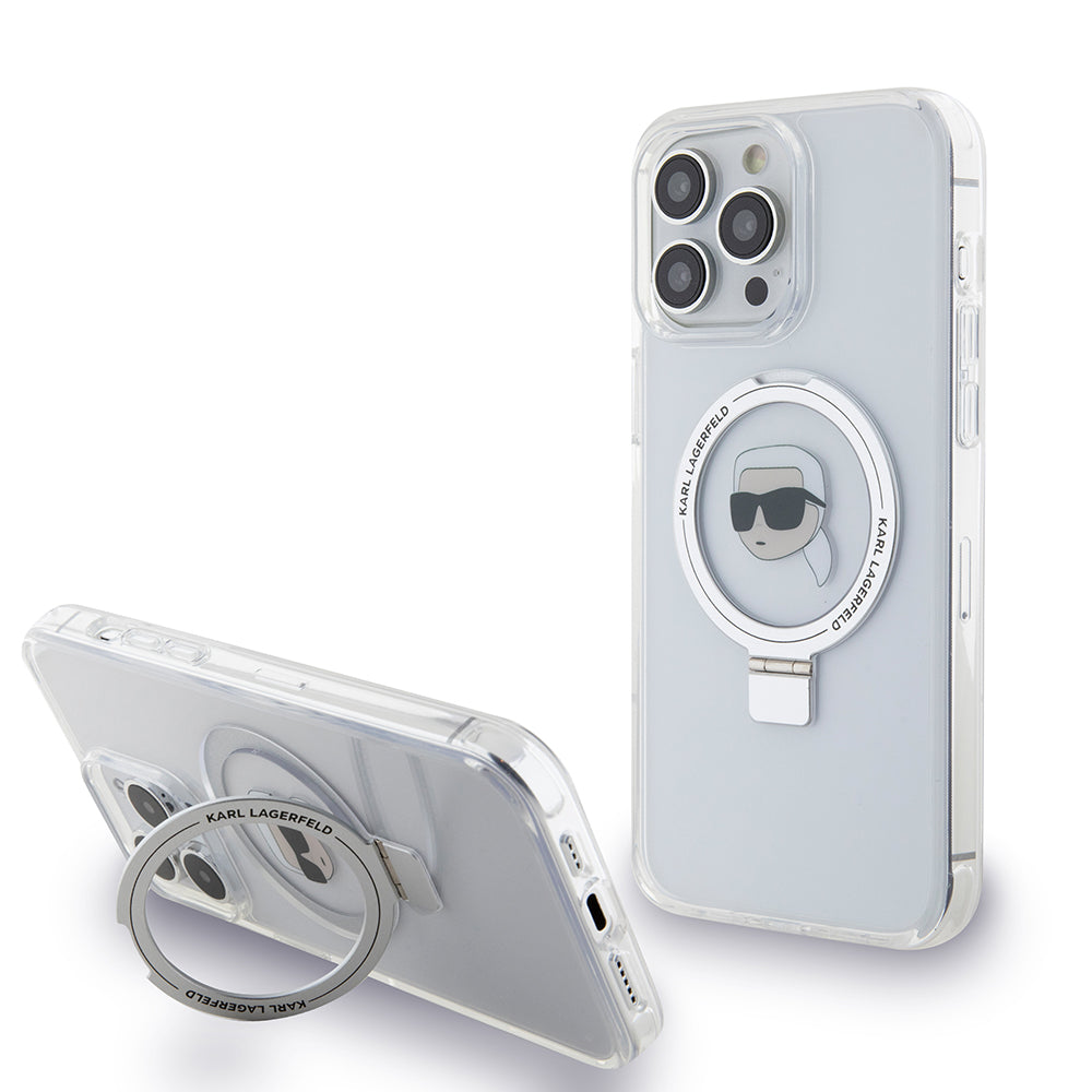 Karl Lagerfeld - Hardcase Ring Stand MagSafe (KLHMP15XHMRSKHH) - iPhone 15 Pro Max - White Karl Head