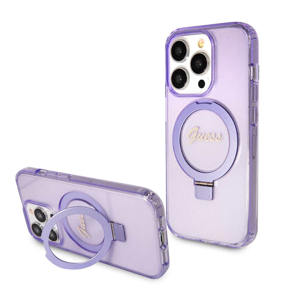 Guess MagSafe Ring Stand Glitter Hard Case Script Logo Θήκη προστασίας από σιλικόνη – iPhone 15 Pro (Διάφανη / Μωβ – GUHMP15LHRSGSU)