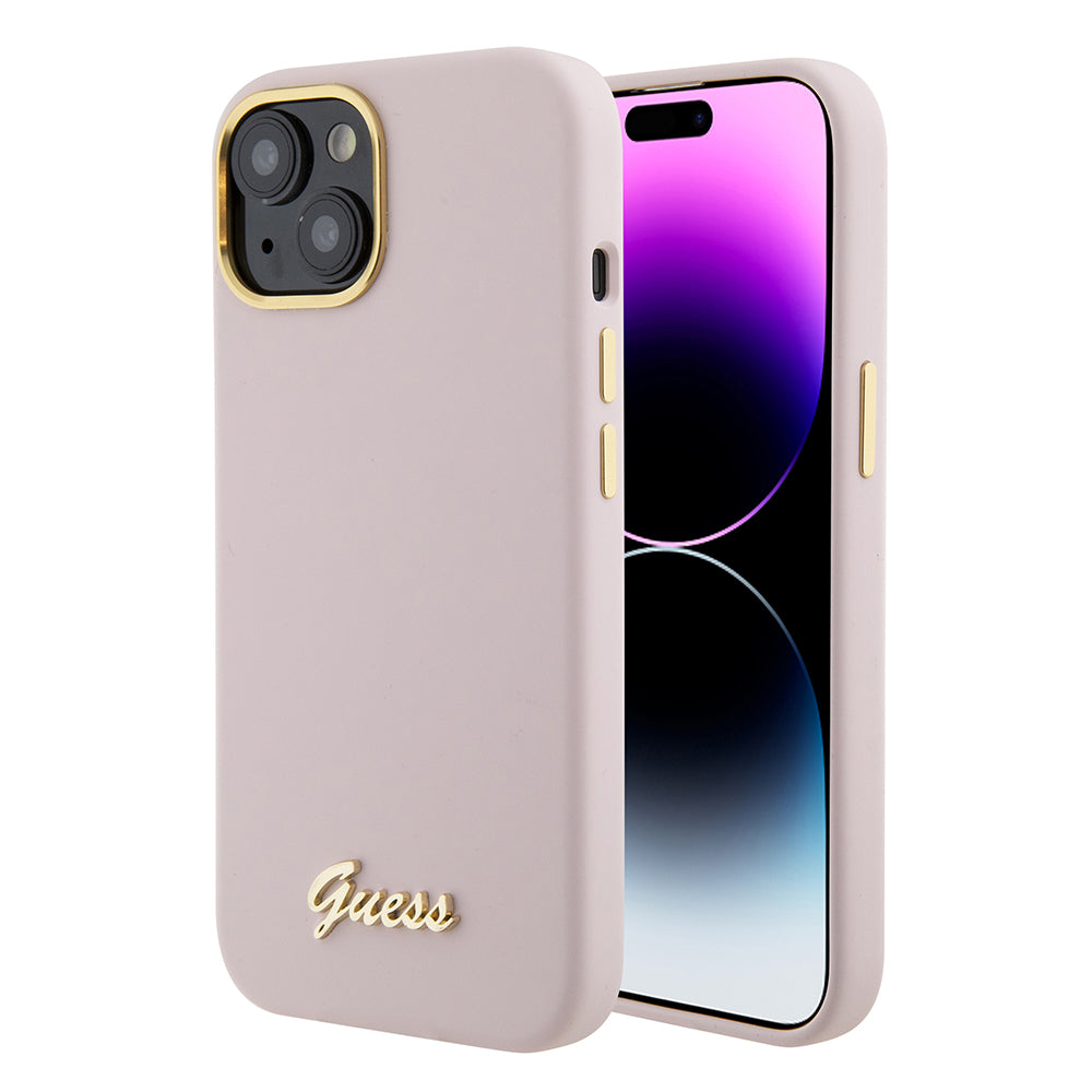 Guess - Silicone Script Metal Logo & Frame (GUHCP15SSMBSLP) - iPhone 15 - Light Pink