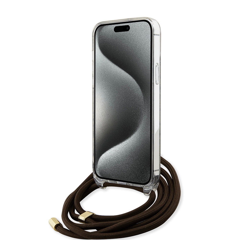 Guess "4G Logo Collection" Crossbody Hard Case Script Metal Logo Θήκη προστασίας από σιλικόνη με λουράκι – iPhone 15 Pro Max (Καφέ – GUHCP15XHC4SEW)