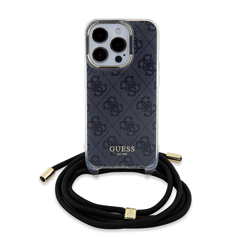 Guess "4G Logo Collection" Crossbody Hard Case Script Metal Logo Θήκη προστασίας από σιλικόνη με λουράκι – iPhone 15 Pro (Μαύρο – GUHCP15LHC4SEK)