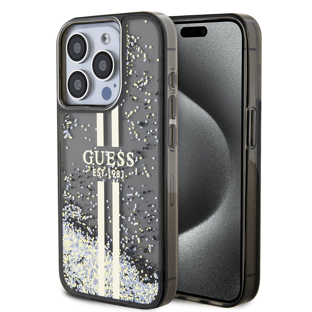 Guess - Liquid Glitter Gold Stripes (GUHCP15LLFCSEGK) - iPhone 15 Pro - Black