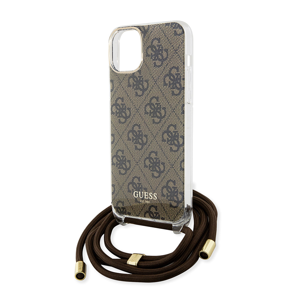 Guess "4G Logo Collection" Crossbody Hard Case Script Metal Logo Θήκη προστασίας από σιλικόνη με λουράκι – iPhone 15 (Καφέ – GUHCP15SHC4SEW)