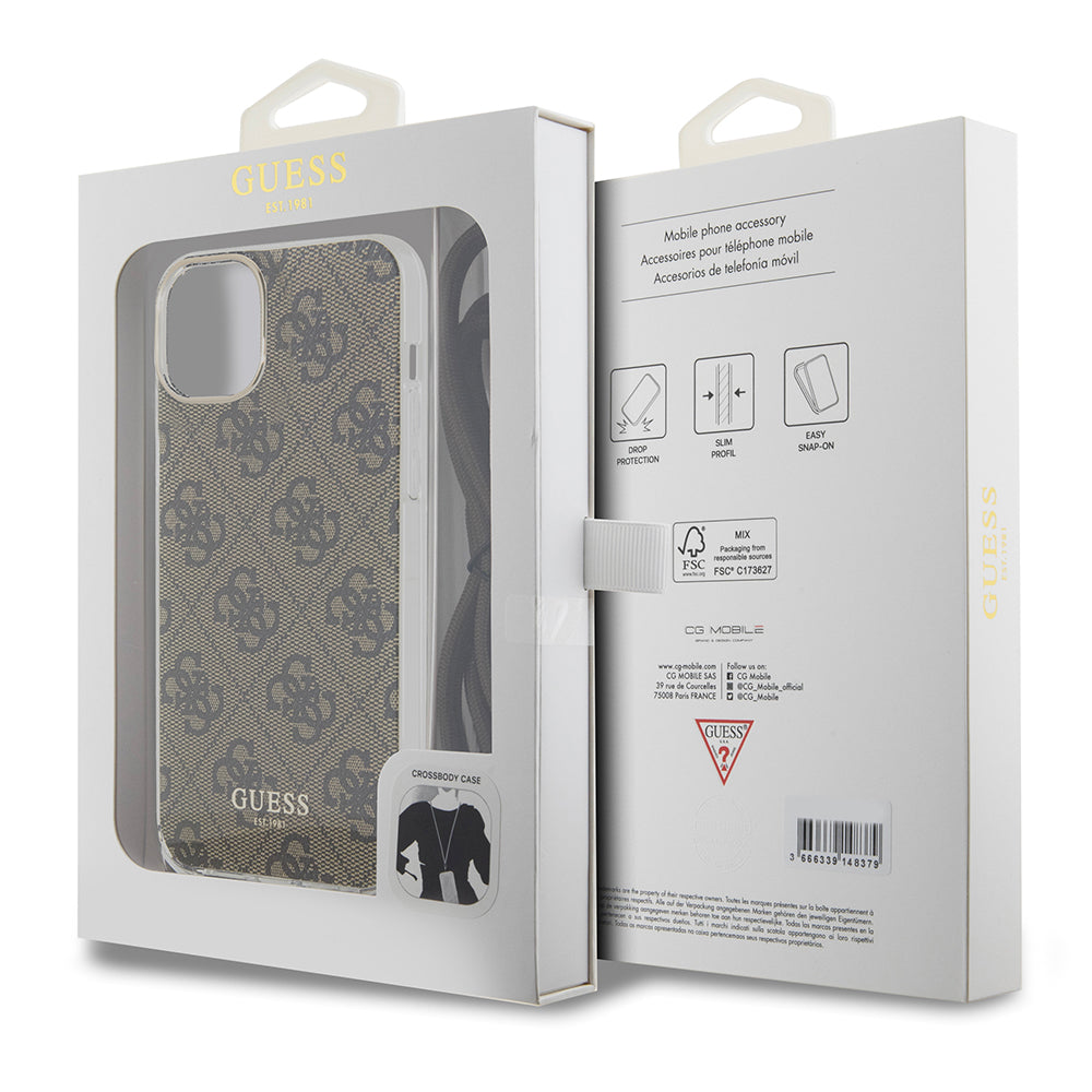 Guess "4G Logo Collection" Crossbody Hard Case Script Metal Logo Θήκη προστασίας από σιλικόνη με λουράκι – iPhone 15 (Καφέ – GUHCP15SHC4SEW)