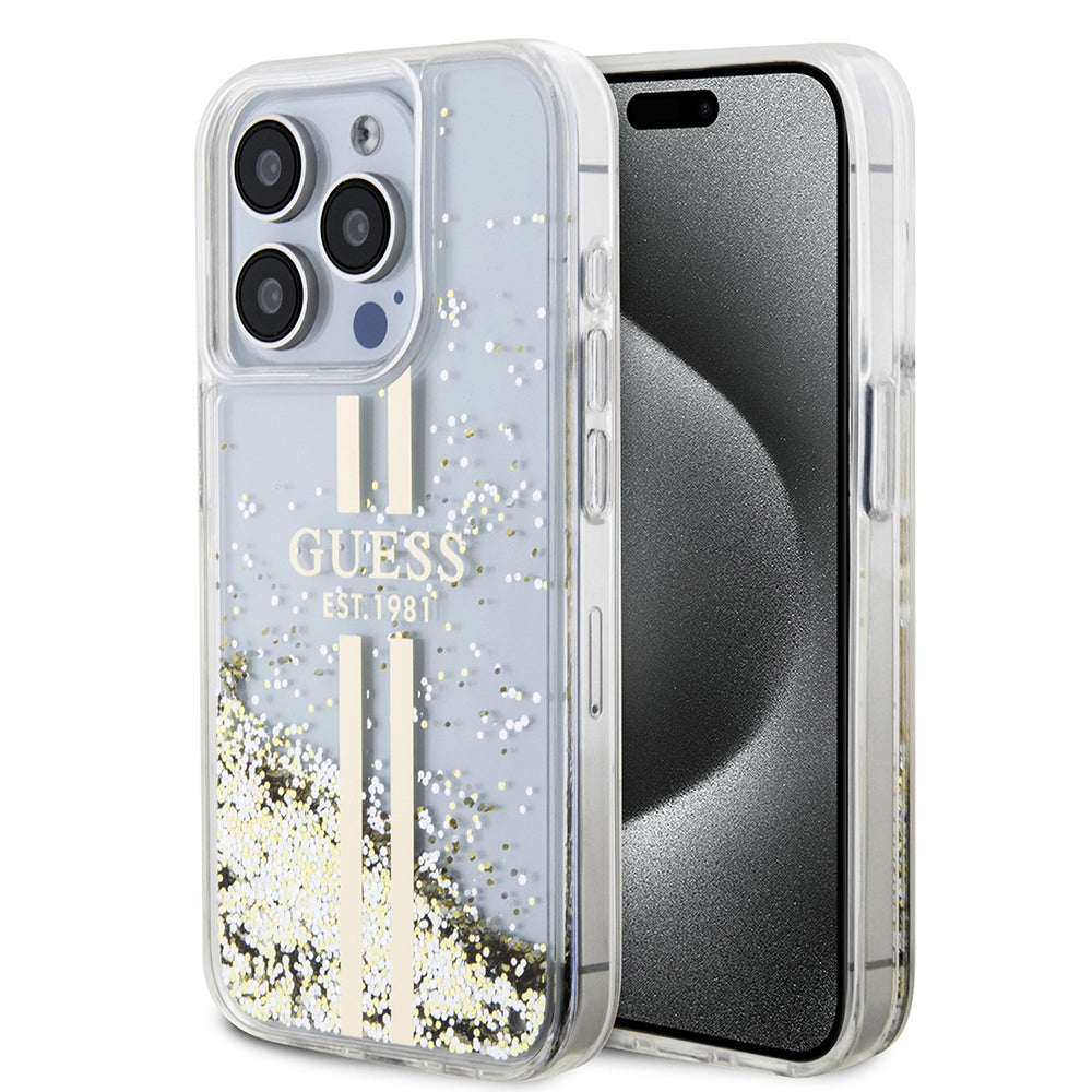 Guess - Liquid Glitter Gold Stripes (GUHCP15LLFCSEGT) - iPhone 15 Pro - Transparent
