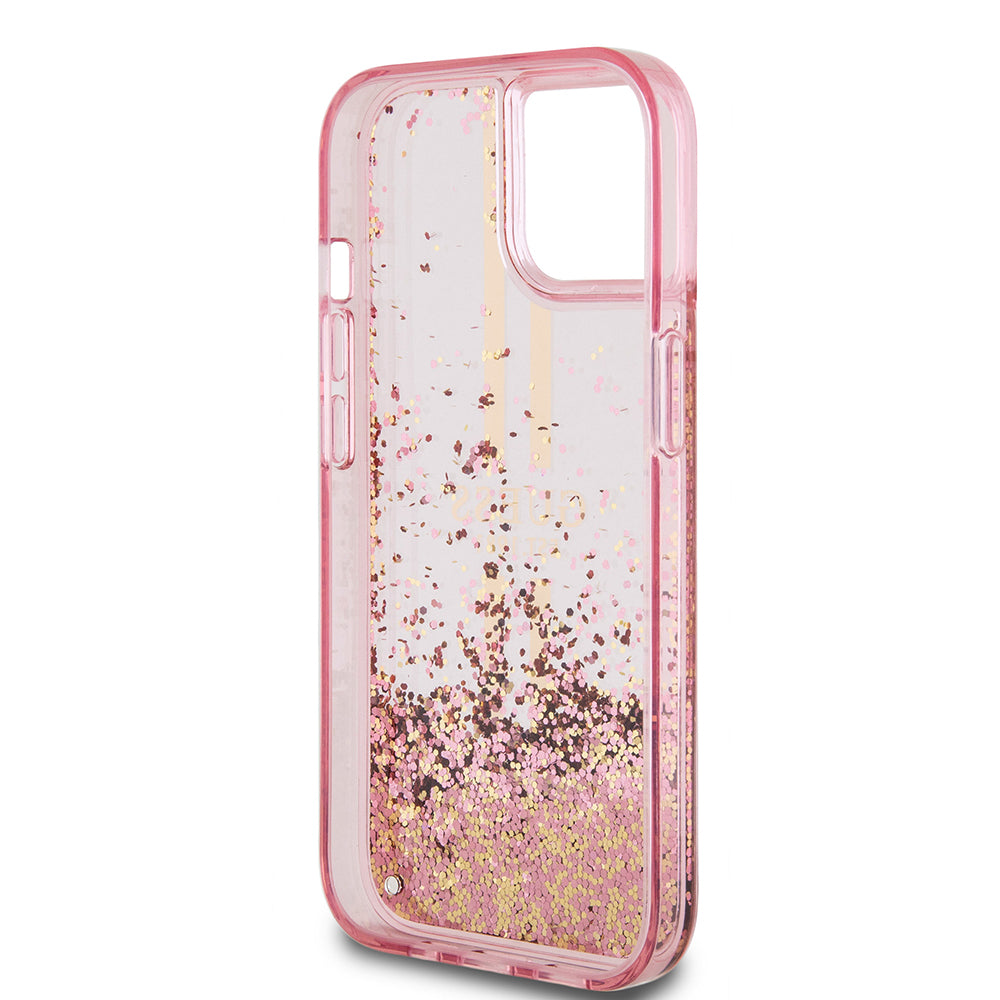 Guess “Liquid Glitter Gold Stripes" Ημιδιάφανη Θήκη προστασίας από σιλικόνη – iPhone 15 Plus (Ροζ – GUHCP15MLFCSEGP)