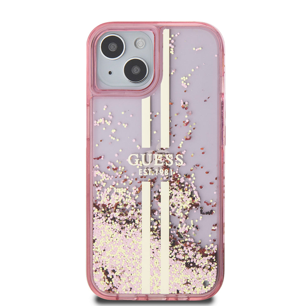 Guess “Liquid Glitter Gold Stripes" Ημιδιάφανη Θήκη προστασίας από σιλικόνη – iPhone 15 Plus (Ροζ – GUHCP15MLFCSEGP)