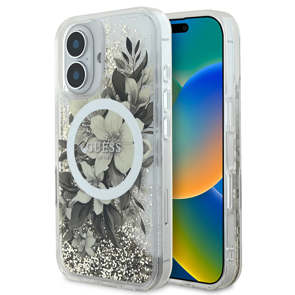 Guess - Liquid Glitter Flower MagSafe (GUHMP16SLFMWTE) - iPhone 16 - Beige