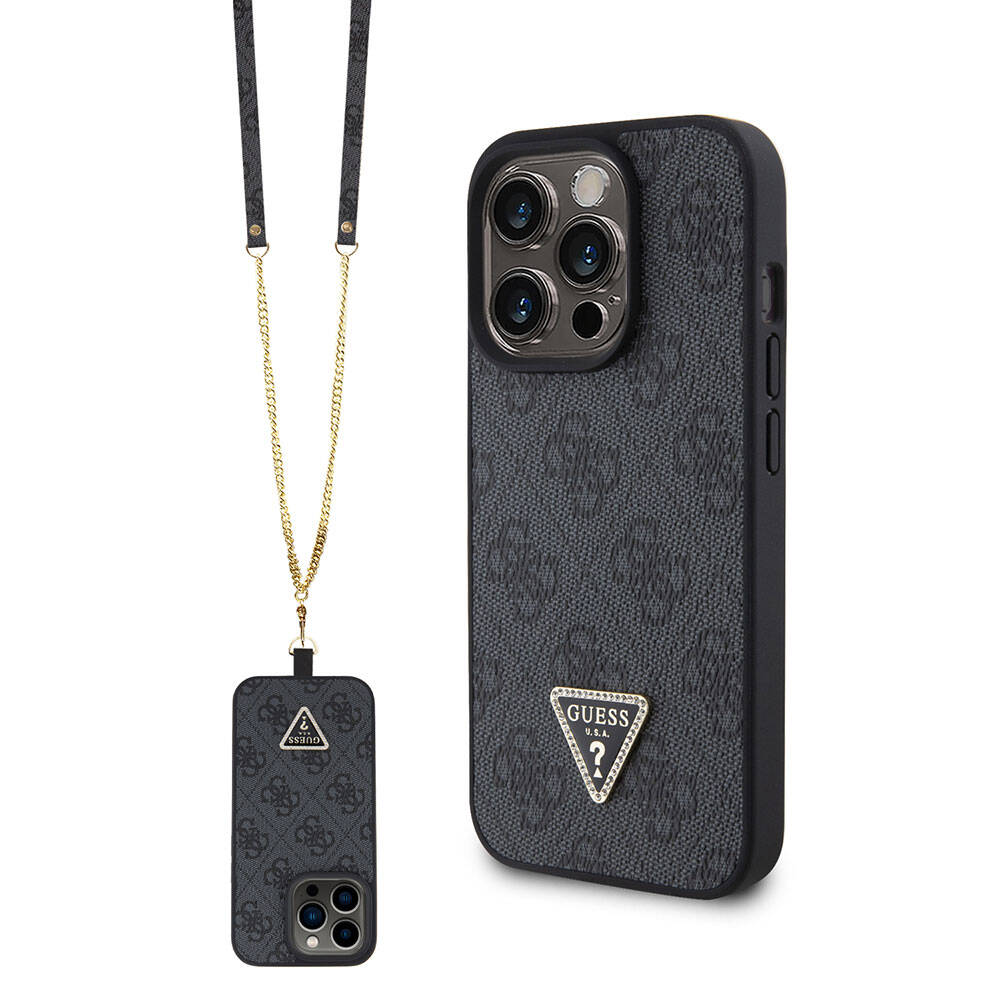 Guess “4G Metal Logo Strass Collection” Crossbody Case Θήκη προστασίας από δερματίνη με λουράκι – iPhone 15 Pro (Μαύρο – GUHCP15LP4TDSCPK)