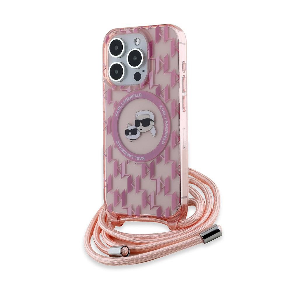 Karl Lagerfeld - IML Crossbody MagSafe (KLHMP15LHCKCKLCP) - iPhone 15 Pro - Pink Monogram Karl&Choupette Head