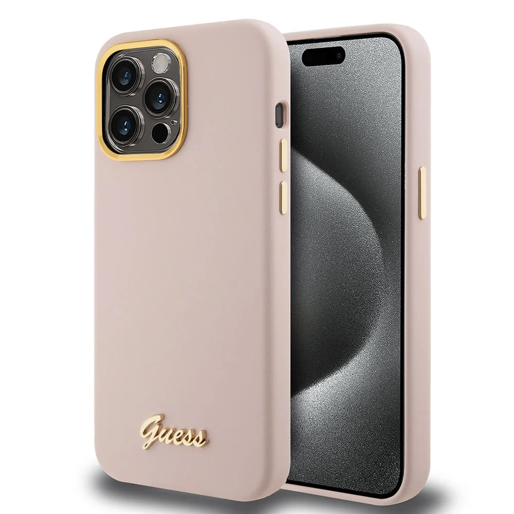 Guess - Silicone Script Metal Logo & Frame (GUHCP15LSMBSLP) - iPhone 15 Pro - Light Pink