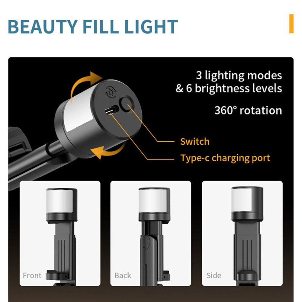 Techsuit - Selfie Stick (Q12S) - Stable Tripod Mount with Bluetooth Remote and LED Light, 75cm - Black