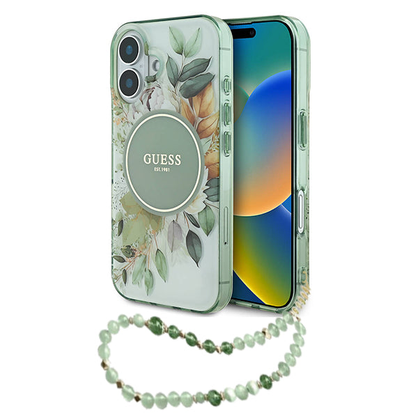 Guess - IML Flowers with Pearl Strap MagSafe (GUHMP16MHFWBRCESN) - iPhone 16 Plus - Green