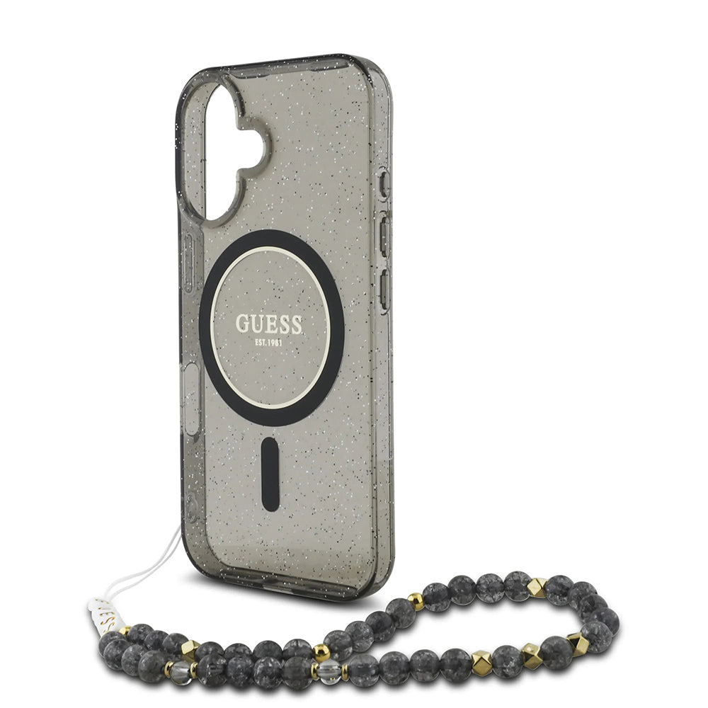 Guess Magsafe “Glitter with Pearl Strap” Hard Case Θήκη προστασίας από σκληρό πλαστικό – iPhone 16 (Μαύρο – GUHMP16SHGCRELSK)