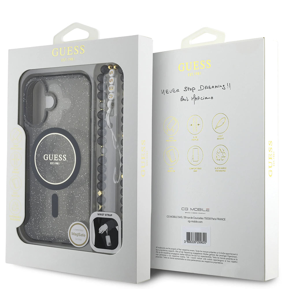 Guess Magsafe “Glitter with Pearl Strap” Hard Case Θήκη προστασίας από σκληρό πλαστικό – iPhone 16 (Μαύρο – GUHMP16SHGCRELSK)