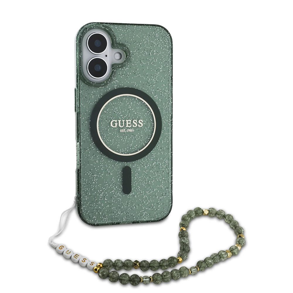 Guess - IML Glitter with Pearl Strap MagSafe (GUHMP16MHGCRELSA) - iPhone 16 Plus - Green