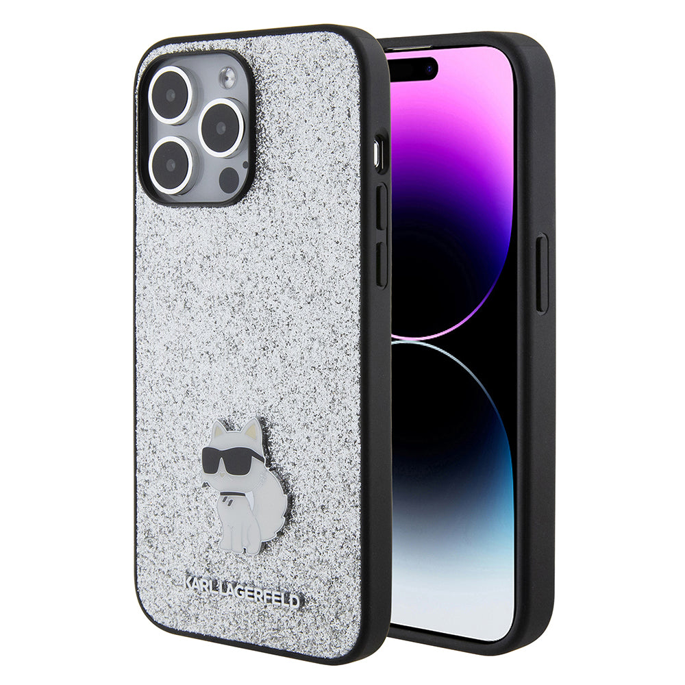 Karl Lagerfeld - Hardcase Glitter Fixed (KLHCP15XGCNPSG) - iPhone 15 Pro Max - Silver Choupette Logo