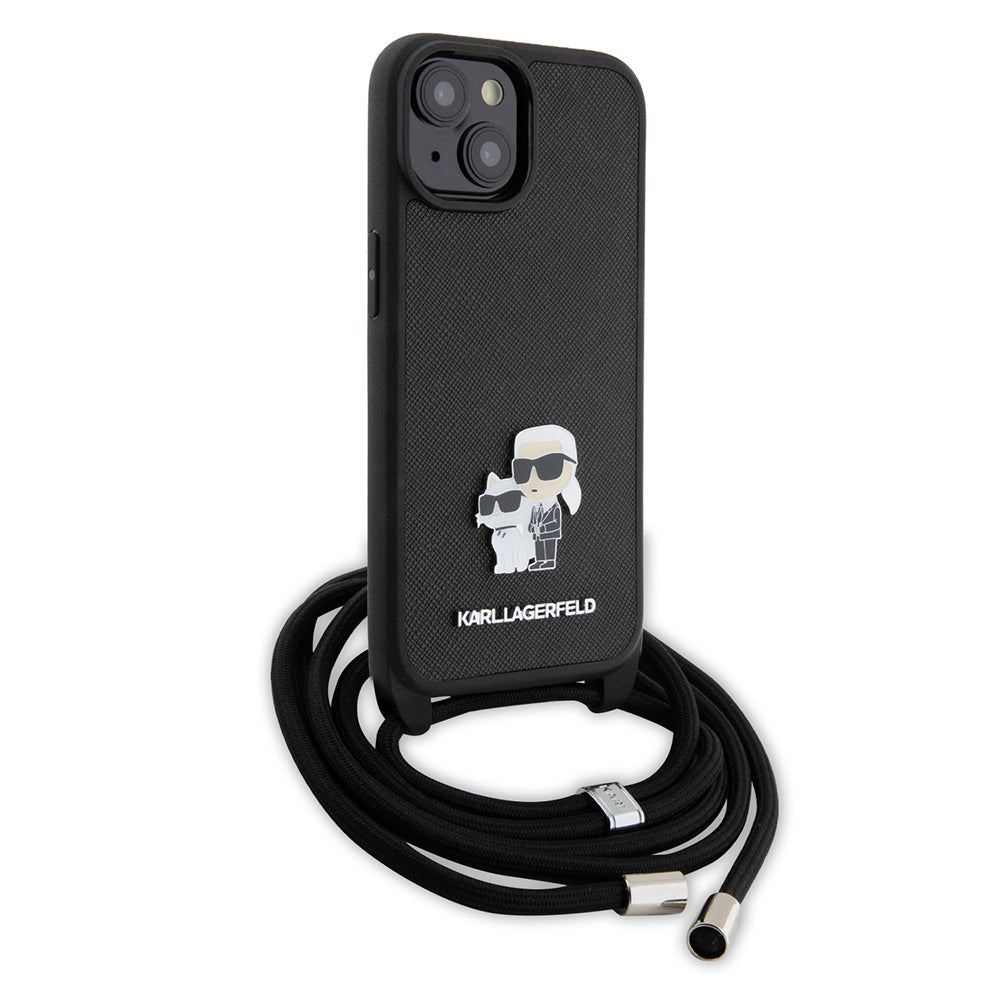 Karl Lagerfeld Crossbody K+C Metal Pin Saffiano Hard Case Θήκη προστασίας από δερματίνη με λουράκι – iPhone 15 (Μαύρο – KLHCP15SSAKCPSK)