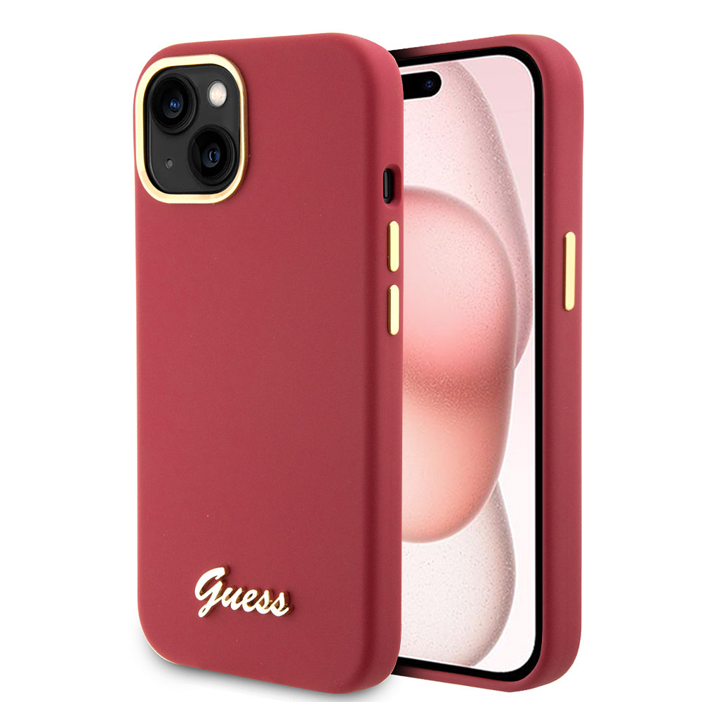 Guess - Silicone Script Metal Logo & Frame (GUHCP15SSMBSLM) - iPhone 15 - Red
