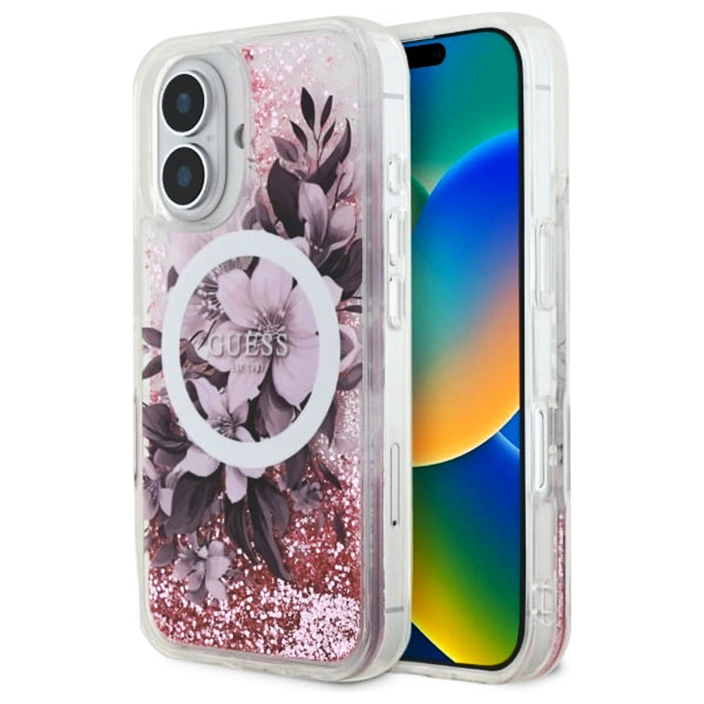 Guess Magsafe “Liquid Glitter Flower" Hard Case Θήκη προστασίας από σκληρό πλαστικό – iPhone 16 (Ροζ – GUHMP16SLFMWTP)