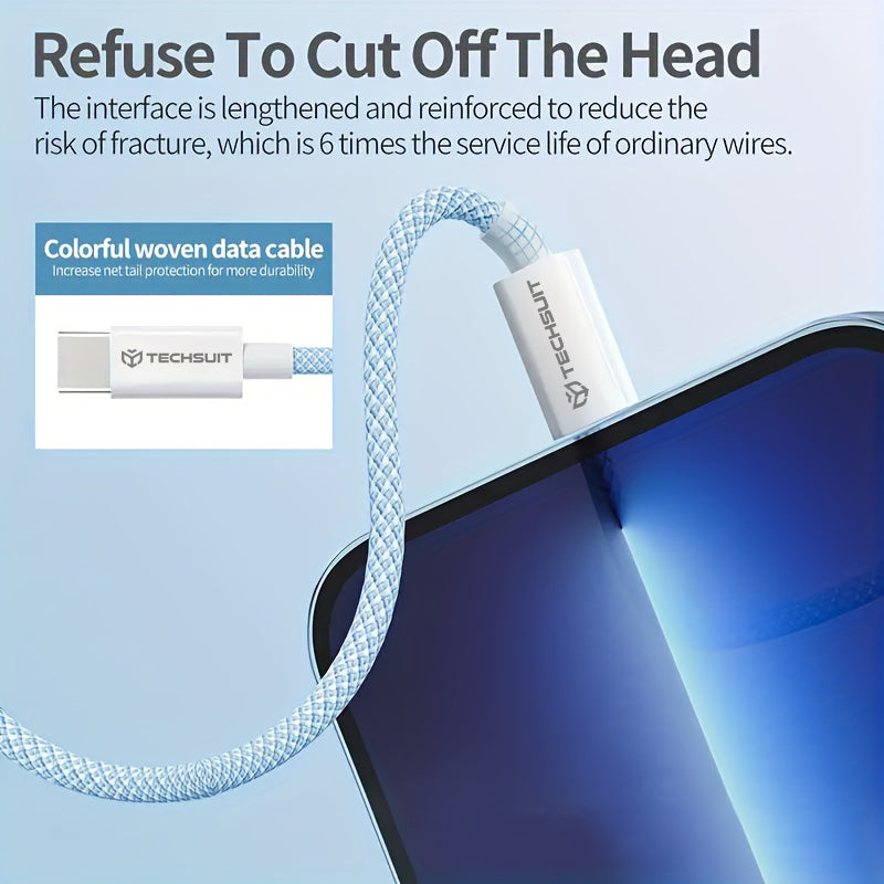 Techsuit - Data Cable (PCB114D) - for Apple, Android, Type-C, Super Fast Charging, PD60W, Flexible, Durable, 1m - Blue