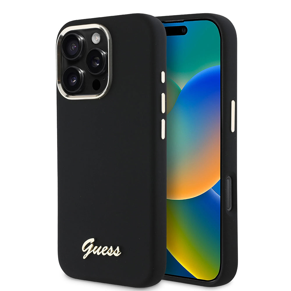 Guess - Silicone Script Metal Logo & Frame (GUHCP16LSMBSLK) - iPhone 16 Pro - Black