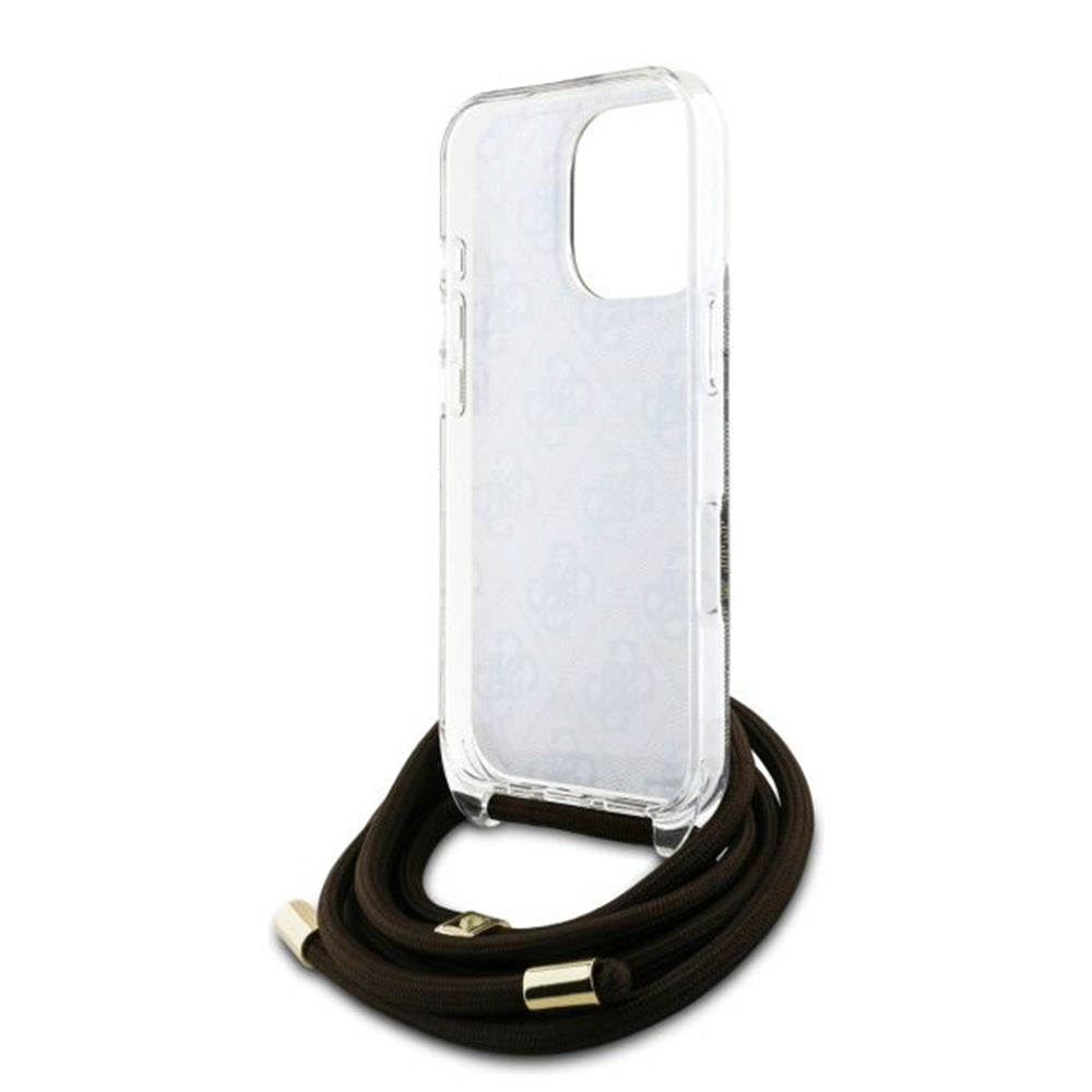 Guess “4G Logo Collection” Crossbody Hard Case Script Metal Logo Θήκη προστασίας από σιλικόνη με λουράκι – iPhone 16 Pro (Καφέ – GUHCP16LHC4SEW)