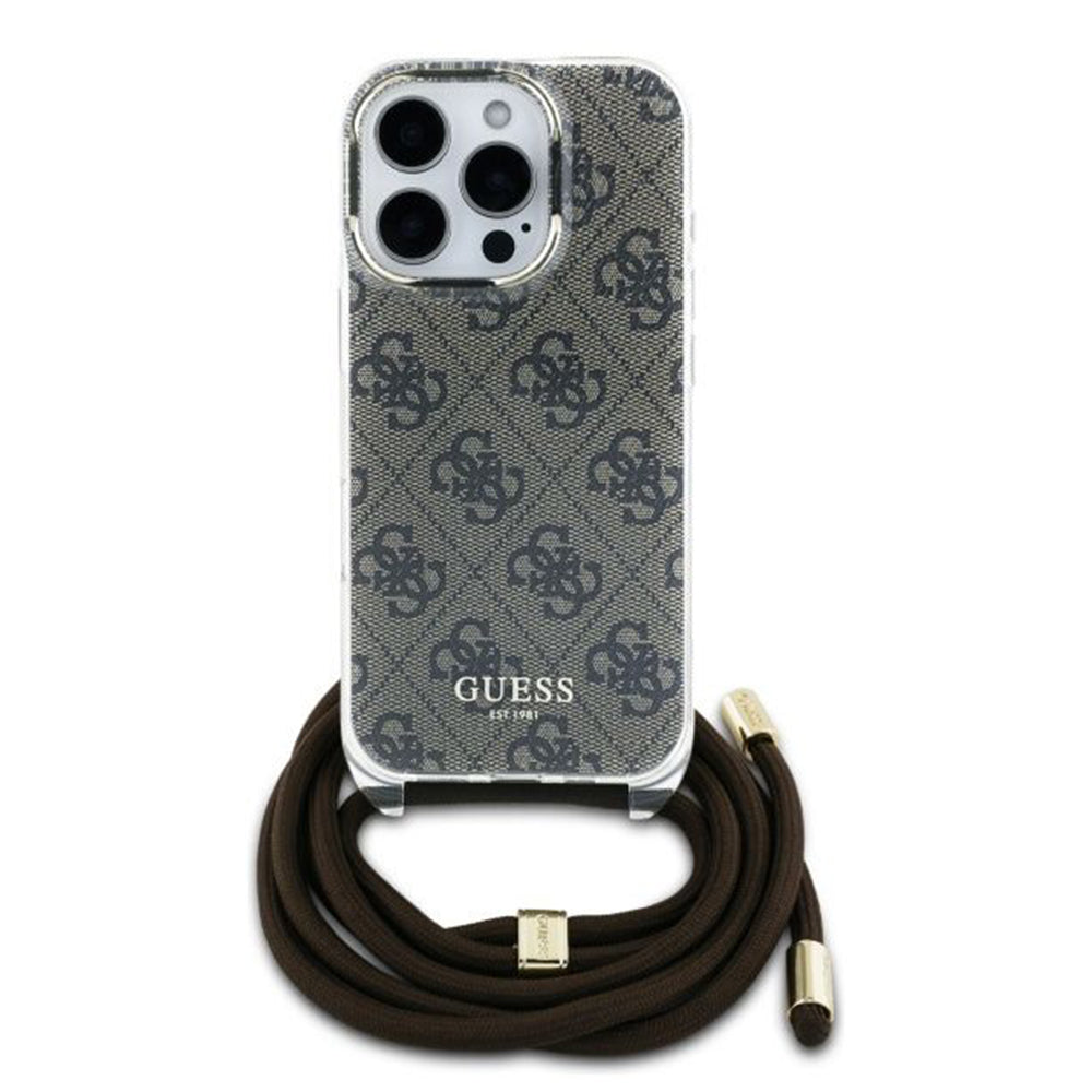 Guess “4G Logo Collection” Crossbody Hard Case Script Metal Logo Θήκη προστασίας από σιλικόνη με λουράκι – iPhone 16 Pro (Καφέ – GUHCP16LHC4SEW)