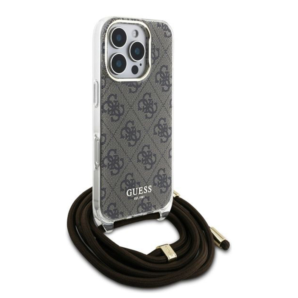 Guess “4G Logo Collection” Crossbody Hard Case Script Metal Logo Θήκη προστασίας από σιλικόνη με λουράκι – iPhone 16 Pro (Καφέ – GUHCP16LHC4SEW)